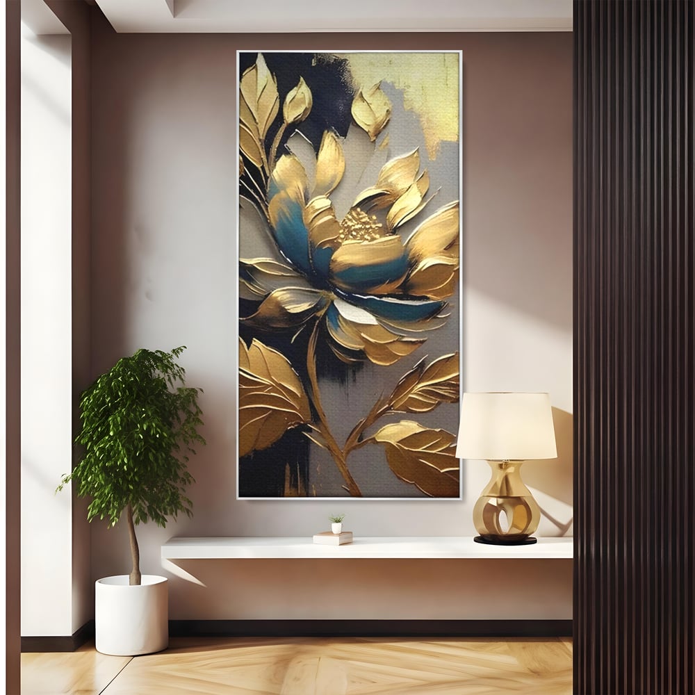 Tablou canvas cu tablou canvas cu floare aurie, in rama de aluminiu argintiu